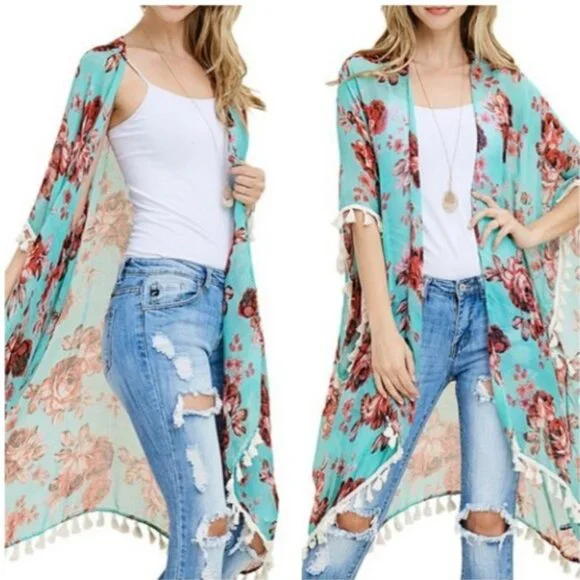 RIAH Green Kimono Floral Fringe Plus EUC 1X 2X L XL - Picture 6 of 8